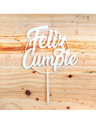 TOPPER FELIZ CUMPLE METACRILATO BLANCO D140 +70mmToppers y plantillas