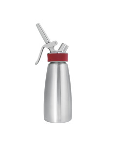 Sifón de acero inoxidable para medio litro de contenido. Uso profesional. Idóneo para chantilly, mousses, postres y salsas. Func
