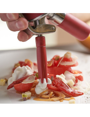 Sifón de acero inoxidable para medio litro de contenido. Uso profesional. Idóneo para chantilly, mousses, postres y salsas. Func