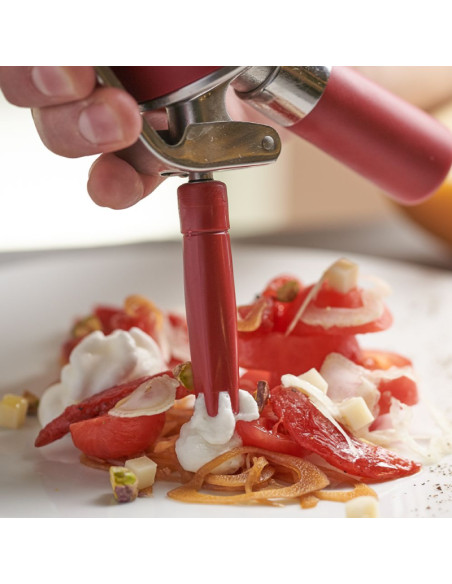 Sifón de acero inoxidable para medio litro de contenido. Uso profesional. Idóneo para chantilly, mousses, postres y salsas. Func