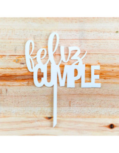 TOPPER FELIZ CUMPLE METACRILATO BLANC 110x80 +60mm